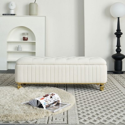Square Storage Ottoman Bench,Upholstered Velvet Fabric Ottoman Stool Seat With Safety Hinge,Gold Decoration Strip,Ottoman Stool Seat-Cuddlewood