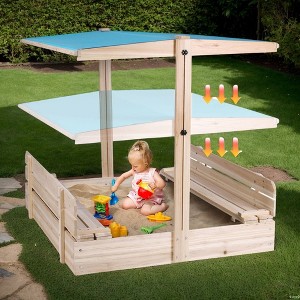 FUNTOK Outdoor Wooden Square Sandbox - Includes Adjustable UV-Resistant Canopy, Lid & 2 Bench Seats - 1 of 4