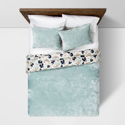 Dusty Jade Reversible Velvet Floral Print  T/XLT Comforter & Sham Set - Opalhouse™