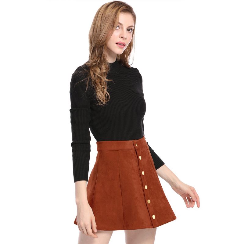 Allegra K Women's Faux Suede Button Front A-Line High Waisted Mini Short Skirt, 2 of 7