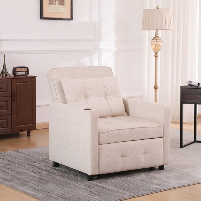 VYNXARIA Sleeper Chair 3-in-1 Convertible Chair Bed Pull Out Chair Beds Adjustable Single  Sofa Bed with USB Ports, Side Pocket, Linen White