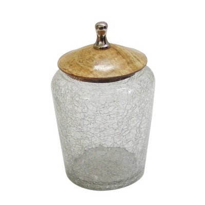 Small Crackle Glass Canister with Wooden Lid Clear - Nu Steel