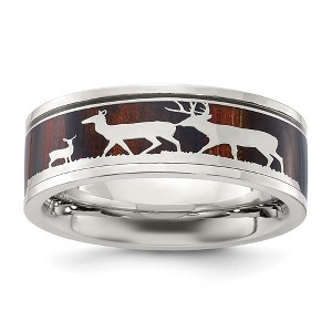 Black Bow Jewelry Men's 8mm Stainless Steel Wood & Enamel Inlay Deer Design Flat Band - 1 of 4