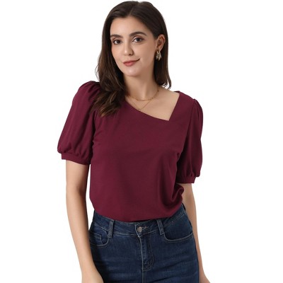 Allegra K Women's Asymmetrical V Neck Blouse Casual Puff Short Sleeve Top