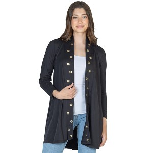 24seven Comfort Apparel Womens Long Sleeve Mid Thigh Open Front Cardigan with Grommet Details - 1 of 4