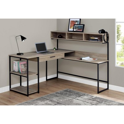 Vynxaria Modern L-Shaped Corner Computer Desk Brown Laminate  Black Metal Frame with Storage Drawers for Home Office Laptop Work