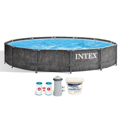 Intex 26749ST 12 Foot x 30 Inch Round Greywood Prism Steel Frame Premium Above Ground Pool Set w/ Filter Pump, Liner, & 3 Inch Chlorine Tabs, 5 lbs