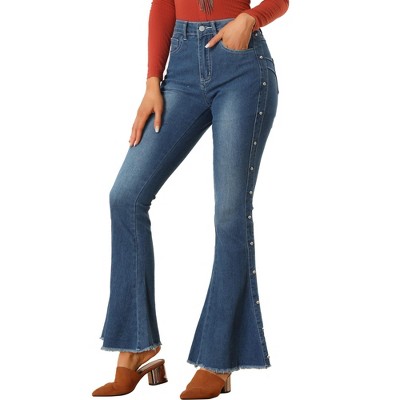 Allegra K Women's High Waist Raw Hem Flared Bottom Casual Jeans Pants