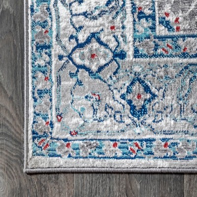 Light Gray and Blue Synthetic Vintage Medallion Rug
