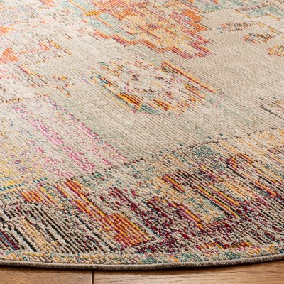 Light Grey and Purple Round Boho Synthetic Area Rug