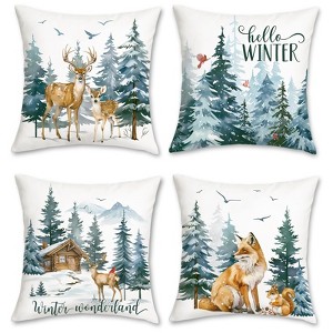 Hello Winter Throw Pillow Covers 18 x 18 Inch Reindeer Fox Squirrel Snowy Pine Trees - 1 of 4