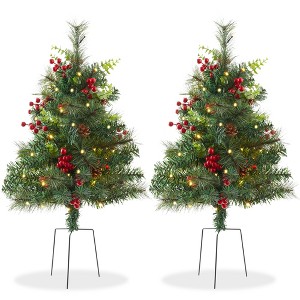 Casafield Set of 2 Outdoor Pathway Christmas Trees, Realistic Walkway Pre-Lit Holiday Decor with Red Berries, Pinecones, Mixed Greenery, and White LED - 1 of 4