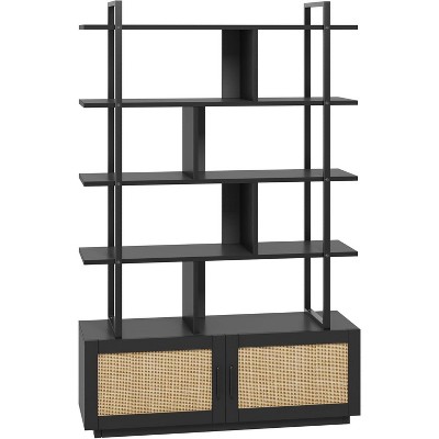 COUCHETA Industrial 5-Tier Bookcase with Rattan Doors - Open Shelves & Storage Cabinet, Metal Frame, 71" Tall