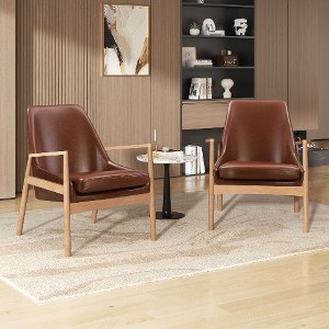 Kumasinova Mid-Century Modern PU Leather Accent Chair, Solid Wood Frame Armchair, Tilted Ergonomic Design Upholstered Sofa Chair,Reading Leisure Chair - 1 of 4