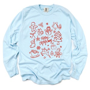 Merry Christmas Sketched Icons - Women's Garment Dyed Long Sleeve Graphic T-Shirt - 1 of 4