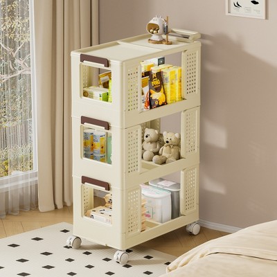 Skran 3-Tier Multifunction Utility Rolling Storage Organizer,Mobile Shelving Unit Cart with Lockable Wheels for Bathroom,Laundry,Living Room, Beige