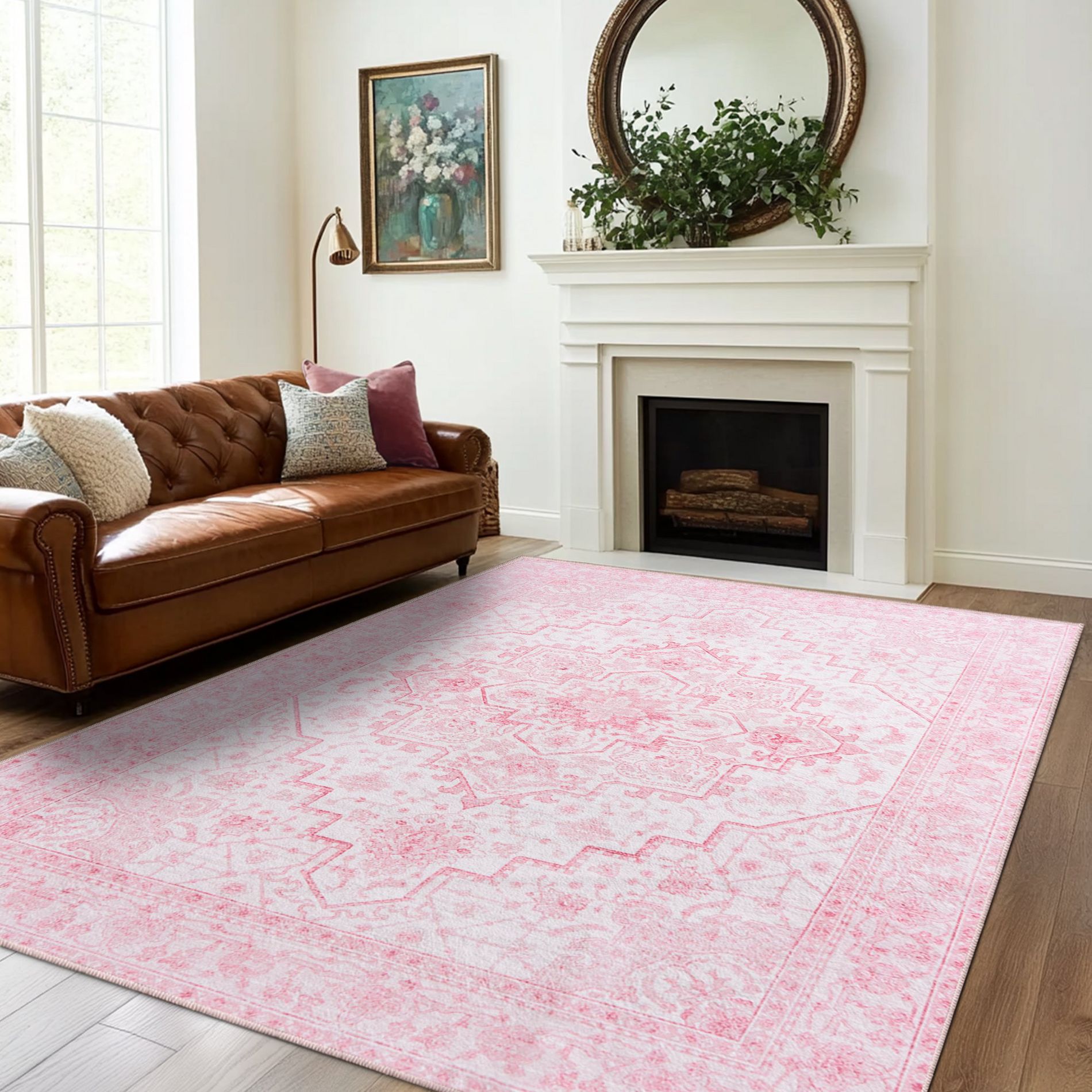 LOVEVOOK Vintage Floral Area Rugs for Living Room Bedroom, Soft Washable Pink Boho Rug for Indoor Non Slip Carpet for Dining Room Home Decor 4x6 Feet