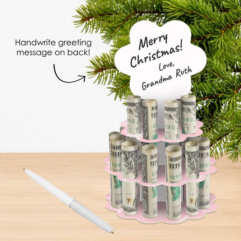 Big Dot of Happiness Pink Winter Wonderland - DIY Holiday Snowflake Birthday Party and Baby Shower Money Holder Gift - Cash Cake, 2 of 8