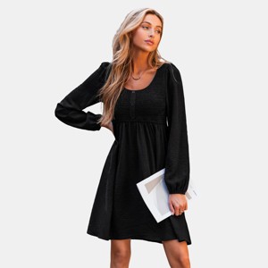 Women's Long Sleeve Smocked Black Mini Dress - Cupshe - 1 of 4
