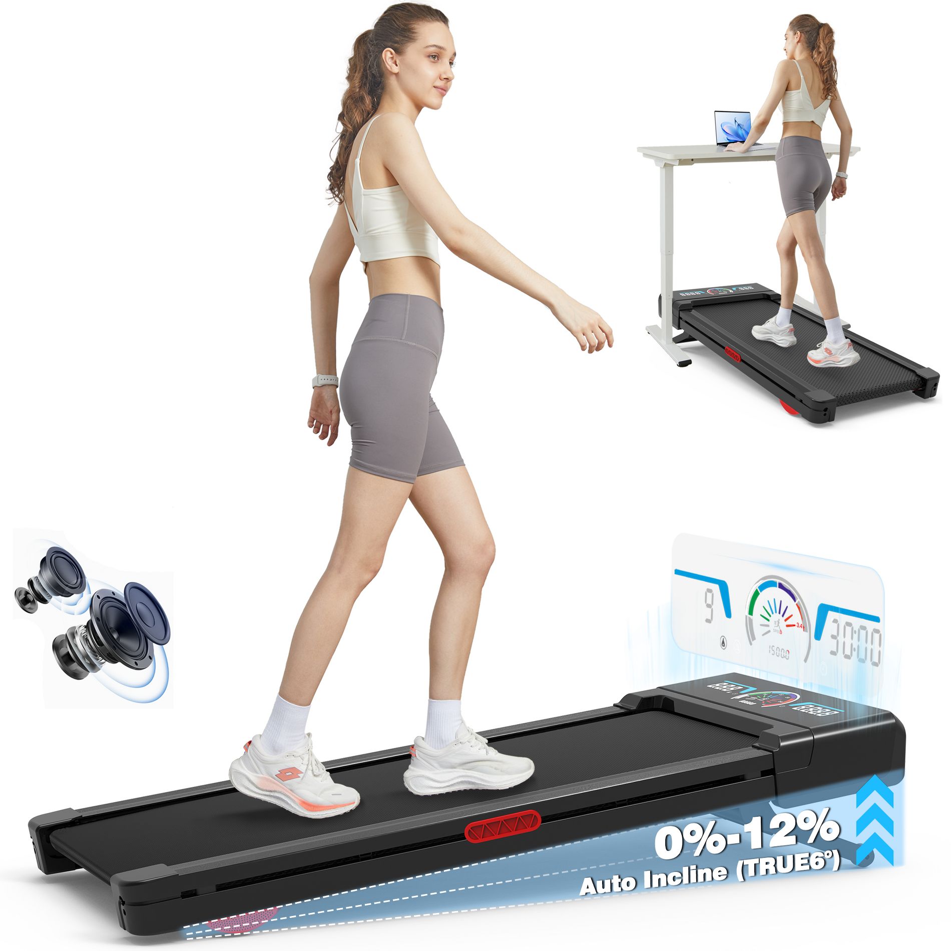 TRAILVIBER Walking Pad Treadmill with 12% 9-Level Auto Incline, 450 lbs Capacity and RGB LED Screen Under Desk Treadmill for Home Small/Office