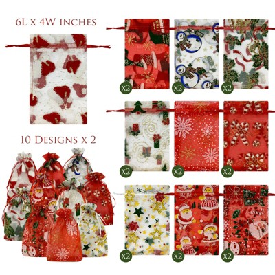 Festive Holiday Organza Drawstring Gift Bags, Set of 20