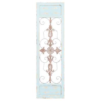 Wood Scroll Arabesque Wall Decor with Metal Fleur De Lis Relief Turquoise - Olivia & May