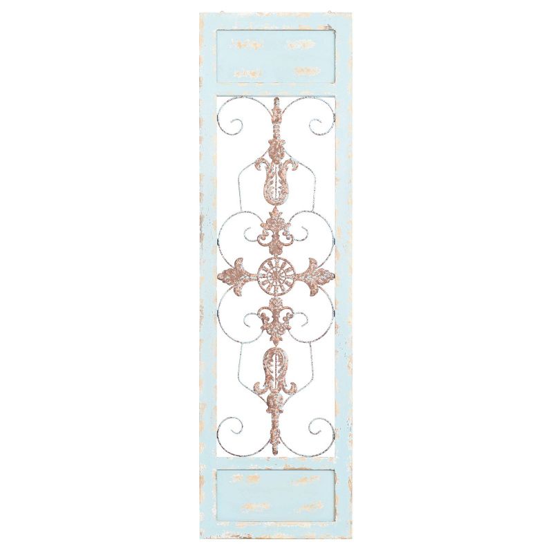Wood Scroll Arabesque Wall Decor with Metal Fleur De Lis Relief Turquoise - Olivia &#38; May, 1 of 6