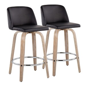 Contemporary 360¡ã Swivel Counter Stools with Padded Faux Leather Seat, Bent Wood Legs, and Round Metal Footrest (Set of 2) for Kitchen - 1 of 4
