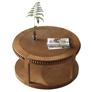 TiramisuBest 31.5" Round Solid Wood Coffee & Sofa Table, Two-Tier Thickened Top with Sturdy Legs for Living Room (Walnut Brown) - 1 of 4