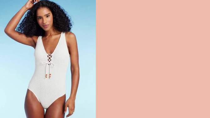 Women's Crochet Lace-Up One Piece Swimsuit - Shade & Shore™ Cream, 2 of 19, play video