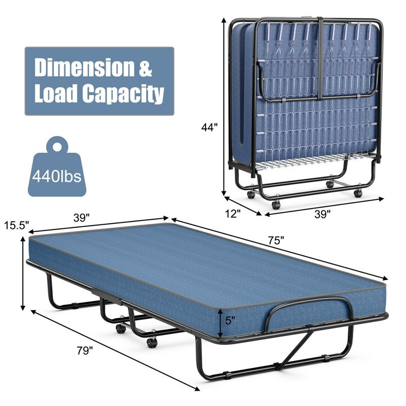 Costway Folding Bed with Memory Foam Mattress Portable Rollaway Guest Cot Memory Foam Navy Made in Ital, 2 of 11
