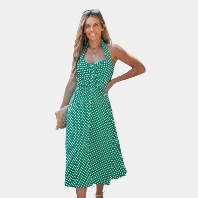 Women's Retro Green & White Polka Dot Halterneck Midi Dress - Cupshe
