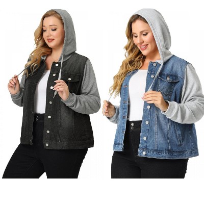 Agnes Orinda Women's Plus Size Layered Drawstring Hoodie Denim Jean Jackets