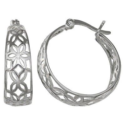 Women's Flower Scroll Graduated Hoop Earrings in Sterling Silver - Gray (20mm)