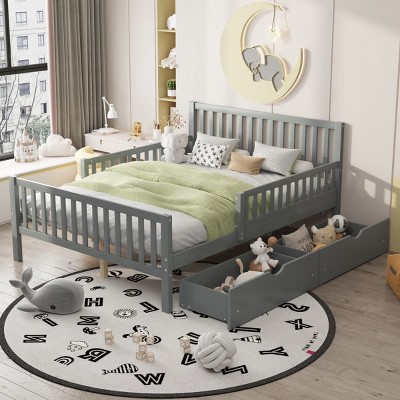 Twin Size Wood Platform Bed with Guardrails and Two Storage Drawers, Slatted Base, Classic Style for Kids-Maison Boucle