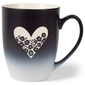Elanze Designs Heart and Flowers 12 Ounce Ceramic Laser-Etched Engraved Drinkware Mug, Black and White Ombre - 1 of 4