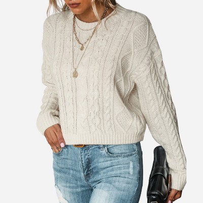Women's Cable Knit Drop Shoulder Sweater - Cupshe -off White-s : Target