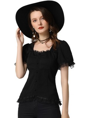 INSPIRE CHIC Women's Square Neck Solid Color Puff Short Sleeve Lace Up Gothic Blouse