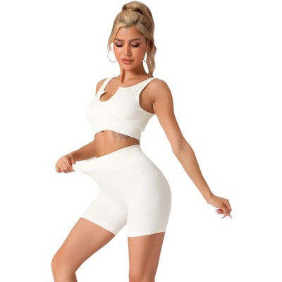 Allegra K Women's Bra and Underwear Sets, Ribbed Exercise Tank Bra High Waist Flatten Stomach Knickers