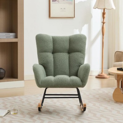 CAVINAS Modern Rocking Chair with Soft Cashmere Teddy Fabric, Accent Armchair with Ergonomic Curved Backrest and Solid Wood Frame