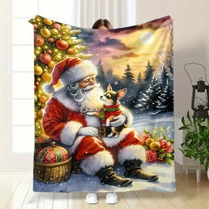 Lomsoe Christmas Santa Claus with Dog Print Flannel Blanket - All Seasons Soft Cozy Warm Throw Blanket for Bed, Napping, Camping, Travel, Office - 1 of 4