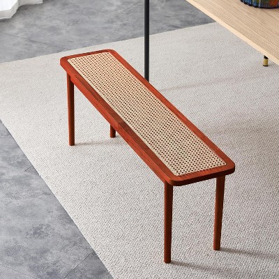Acekool 47" Pure Wood Entryway Bench with Rattan Surface, Rounded Corners, Sturdy Frame for Living Room, Bedroom, Hallway, Walnut Finish