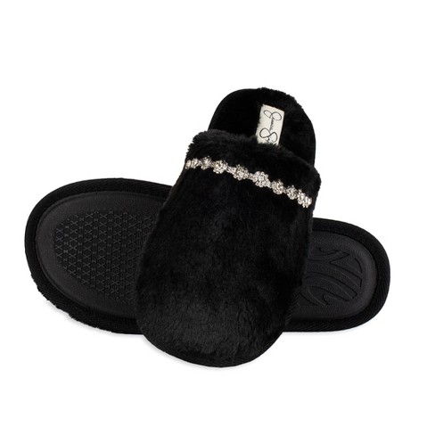 Jessica Simpson Women's Indoor/outdoor Plush Bejeweled Slip-on Scuff  Slippers - Black/extra Large : Target