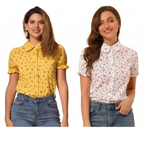 INSPIRE CHIC Women's Peter Pan Frilled Short Sleeve Floral Cotton Top 2 Packs - 1 of 4