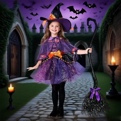 Joyfy Halloween Witch Costume for Child Girl Orange Purple Witch Costume Toddler Witch Outfit Set with Broom for Kids Halloween Party