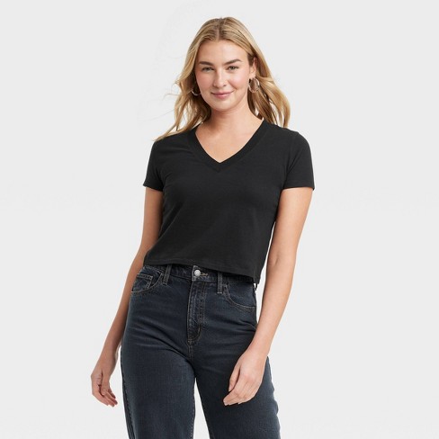 Women's Shrunken Short Sleeve V-Neck T-Shirt - Universal Thread™ Black XS