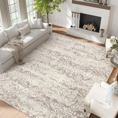 Living Room Rug Washable, Soft Vintage Damask Distressed Large Area Rugs for Bedroom Boho Abstract Indoor Floor Carpet, Low Pile Non-Slip