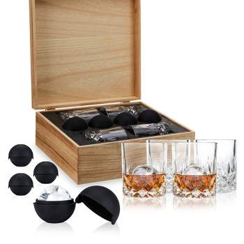 Viski Admiral Whiskey Gift Set - Crystal Whiskey Glasses with Ice Spheres in Wooden Gift Box - Dishwasher Safe Rocks Glasses 9 Oz Set of 8