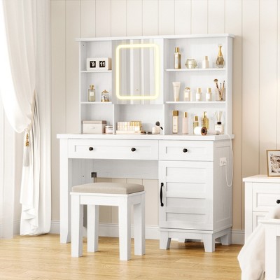 Farmhouse Makeup Vanity Desk with Mirror and Lights, Power Outlet, 2 Drawers and Cushioned Stool, Glass Top for Bedroom Dressing Room