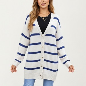 Anna-Kaci Women's Long Sleeve Striped Knit Button Front Cardigan with Soft Textured Feel and Relaxed Drop Shoulder Fit - 1 of 4